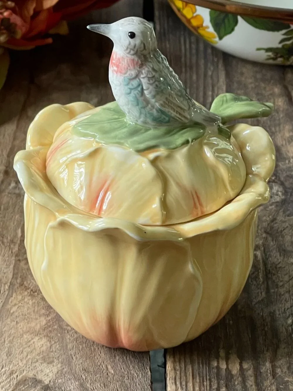 Fitz & Floyd Meadow Floral Bird Condiment Jar Sugar Bowl & Spoon-NEW
